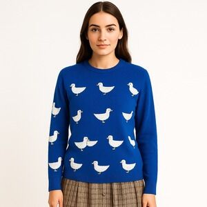 Vintage 80s Blue Duck Sweater Shirlee Design Cynotex Novelty Knit Retro AOP S 90